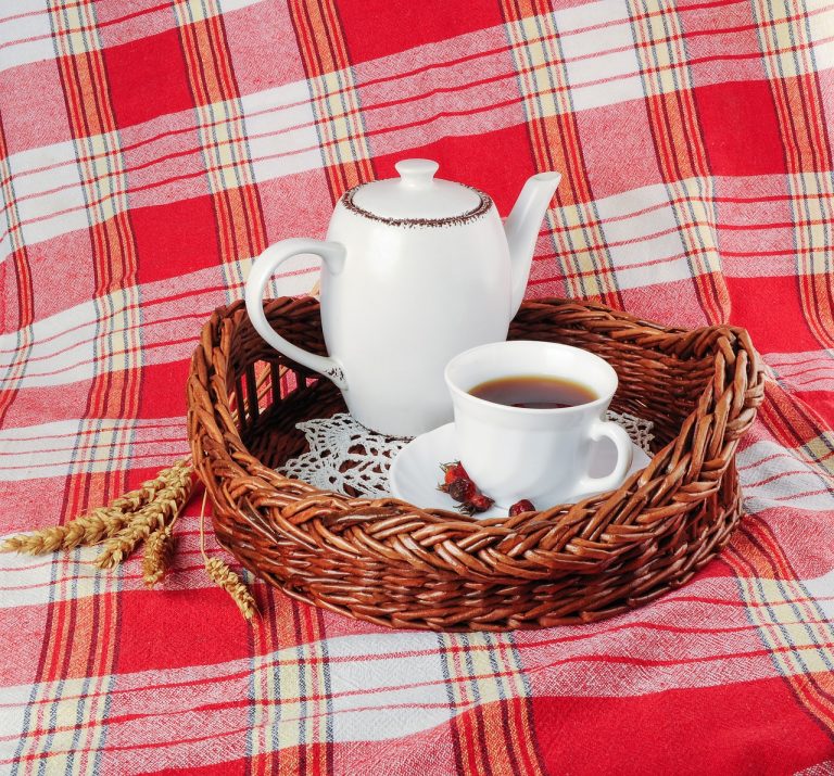 Teapot and teacup on tray and tartan plaid tablecloth